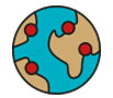 icon of the globe with oceans in blue and land in brown, with 4 locations